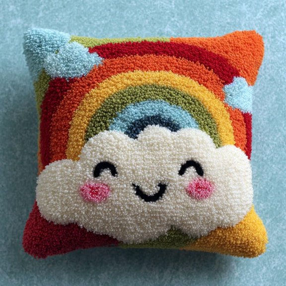 DIY Latch Hook Pillow Kit White clouds and rainbows Crochet Kits Handmade Pillowcase Latch Hook Kit 17x17inch