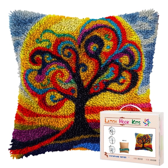 DIY Latch Hook Pillow Kits Abstract Tree with Swirling Pattern Printed Pillowcase Crochet Yarns Hooking Handmade Pillow Cover Cushion for Home Sofa Decoration 17x17inch-1