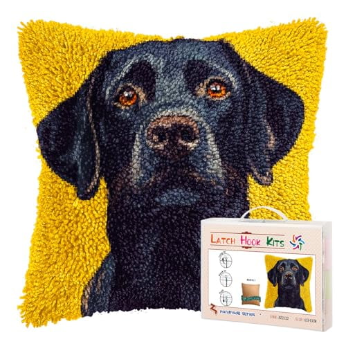 DIY Latch Hook Pillow Kits for Adults Cartoon Black Labrador Dog Printed Pillowcase Crochet Yarns Hooking Handmade Pillow Cover Cushion for Home Sofa Decoration 17x17inch-14