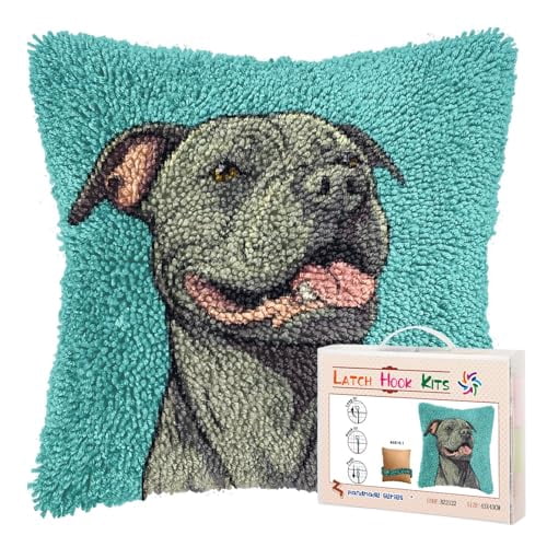 DIY Latch Hook Pillow Kits for Adults Cartoon Pitbull Dog Printed Pillowcase Crochet Yarns Hooking Handmade Pillow Cover Cushion for Home Sofa Decoration 17x17inch-9