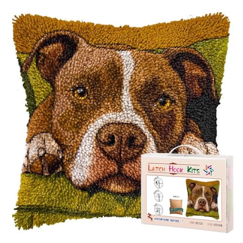 DIY Latch Hook Pillow Kits for Adults Cartoon Pitbull Dog on Sofa Printed Pillowcase Crochet Yarns Hooking Handmade Pillow Cover Cushion for Home Sofa Decoration 17x17inch-4