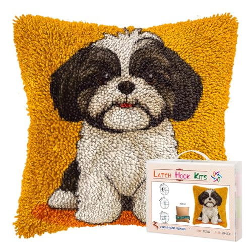 DIY Latch Hook Pillow Kits for Adults Cute Cartoon Shih Tzu Dog Printed Pillowcase Crochet Yarns Hooking Handmade Pillow Cover Cushion for Home Sofa Decoration 17x17inch-5