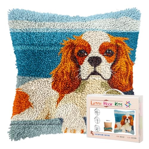 DIY Latch Hook Pillow Kits for Adults Cute Cavalier King Charles Dog Printed Pillowcase Crochet Yarns Hooking Handmade Pillow Cover Cushion for Home Sofa Decoration 17x17inch(1)