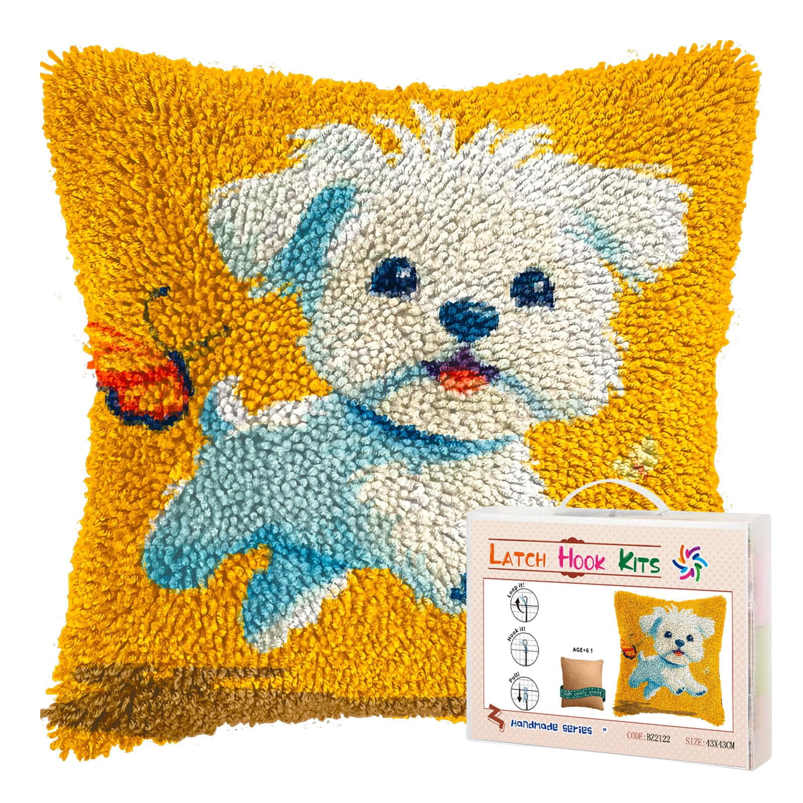 DIY Latch Hook Pillow Kits for Adults Cute Maltese Dog Chasing Butterfly Printed Pillowcase Crochet Yarns Hooking Handmade Pillow Cover Cushion for Home Sofa Decor 17x17inch(3)