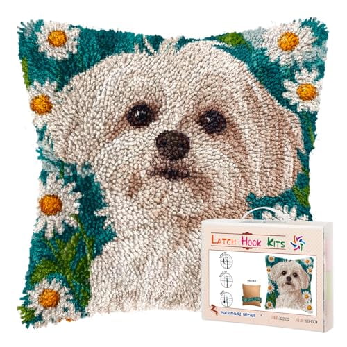 DIY Latch Hook Pillow Kits for Adults Cute Maltese Dog in Daisy Flowers Printed Pillowcase Crochet Yarns Hooking Handmade Pillow Cover Cushion for Home Sofa Decor 17x17inch(4)