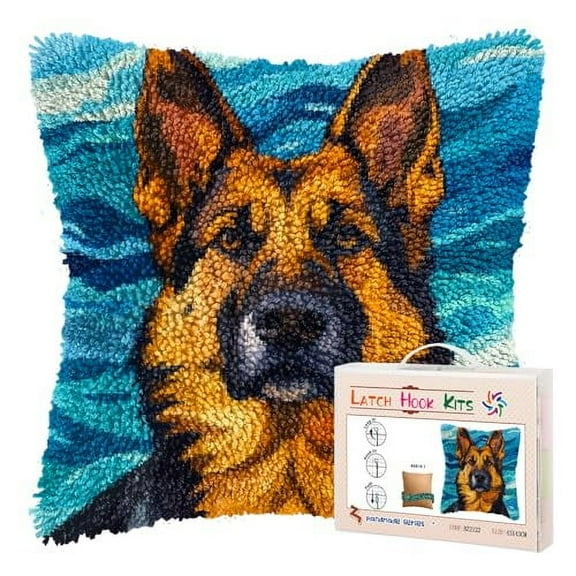 DIY Latch Hook Pillow Kits for Adults German Shepherd Dog Printed Pillowcase Crochet Yarns Hooking Handmade Pillow Cover Cushion for Home Sofa Decoration 17x17inch-1