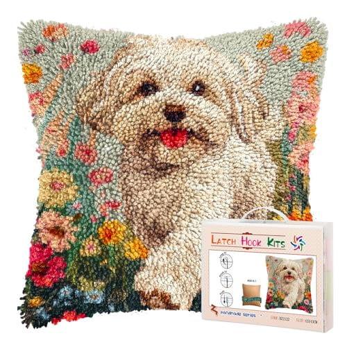 DIY Latch Hook Pillow Kits for Adults Happy Havanese Dog Running in Flowers Printed Pillowcase Crochet Yarns Hooking Handmade Pillow Cover Cushion for Home Sofa Decor 17x17inch(3)