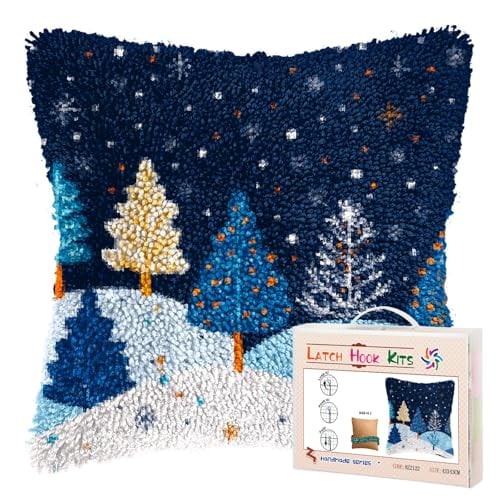 DIY Latch Hook Pillow Kits for Adults Merry Christmas Winter Snow Pine Tree Pillow Cover Printed Pillowcase Crochet Yarns Hooking Handmade Cushion for Home Sofa Decoration 17x17inch(5)