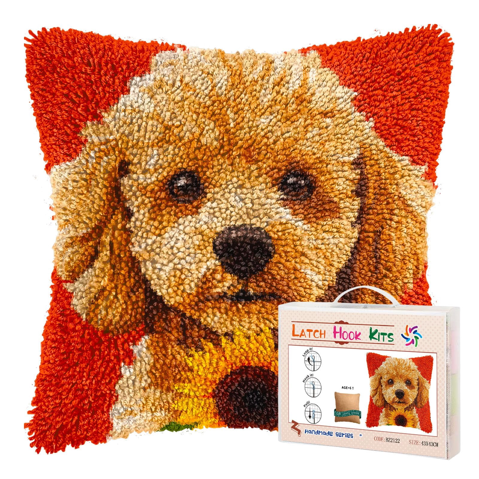 DIY Latch Hook Pillow Kits for Adults Poodle Dog with Sunflower Printed Pillowcase Crochet Yarns Hooking Handmade Pillow Cover Cushion for Home Sofa Decor 17x17inch-2