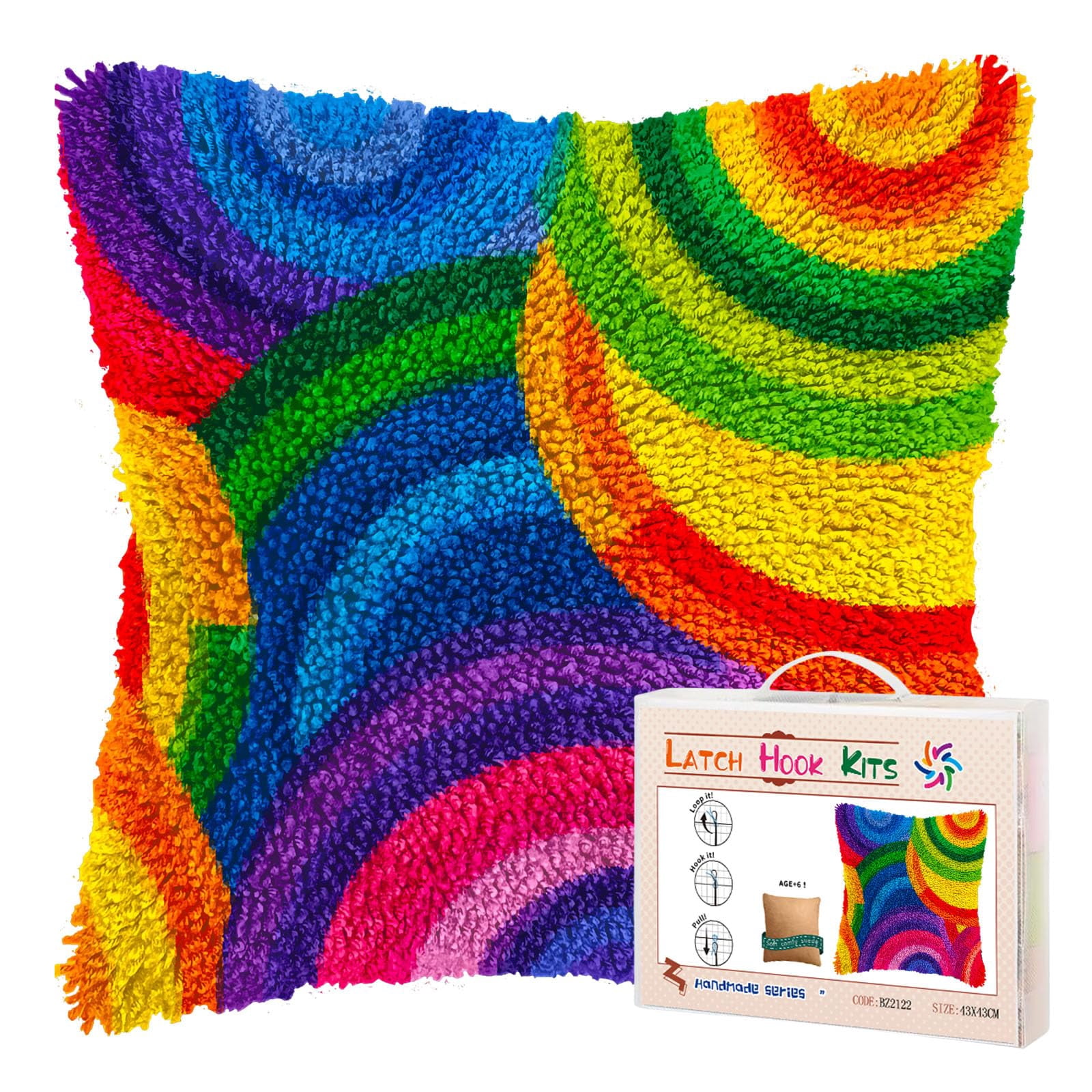 DIY Latch Hook Pillow Kits for Adults Rainbow Circles Printed Pillowcase Crochet Yarns Hooking Handmade Pillow Cover Cushion for Home Sofa Decoration 17x17inch-1