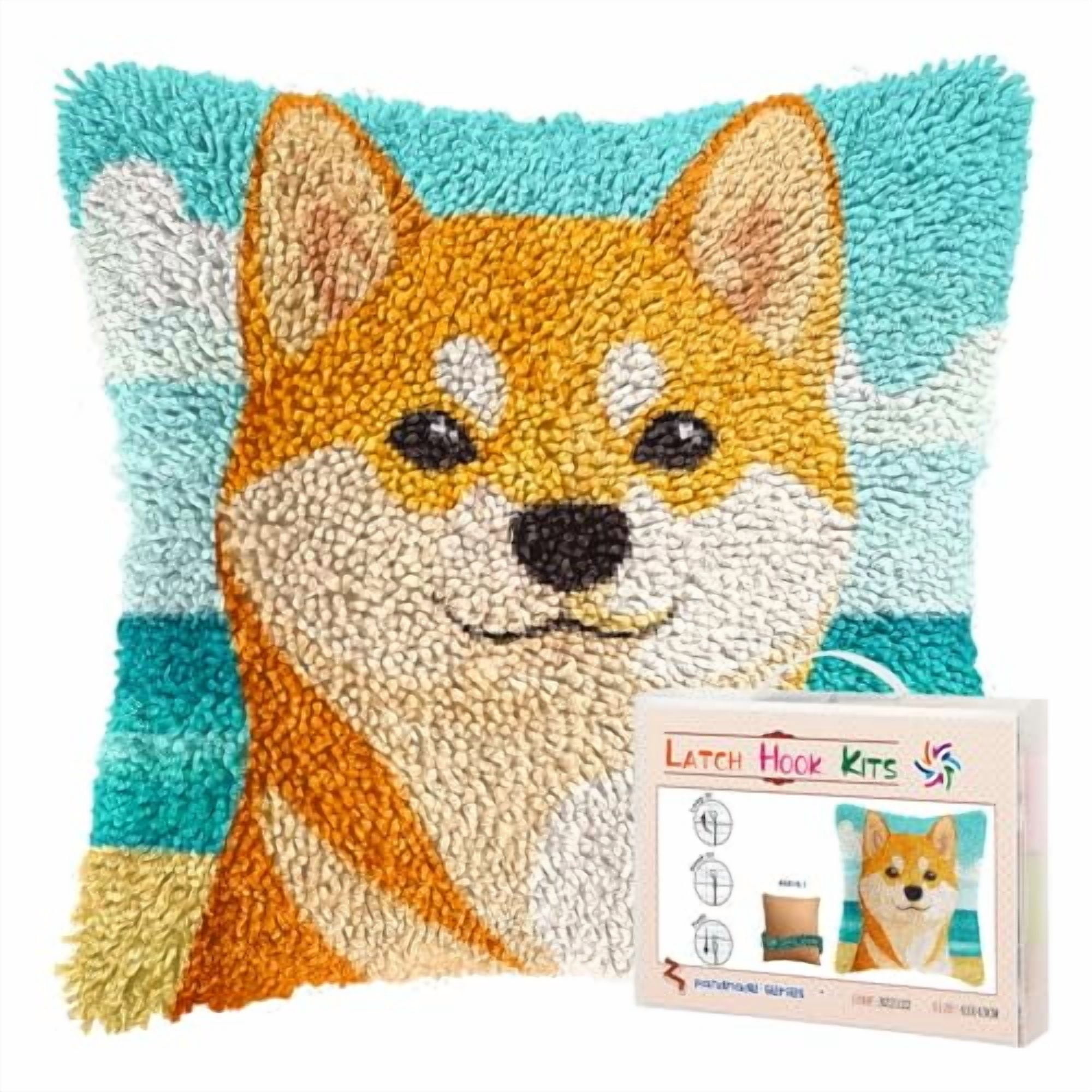 DIY Latch Hook Pillow Kits for Adults Smile Shiba Inu Dog Printed Pillowcase Crochet Yarns Hooking Handmade Pillow Cover Cushion for Home Sofa Decoration 17x17inch-12
