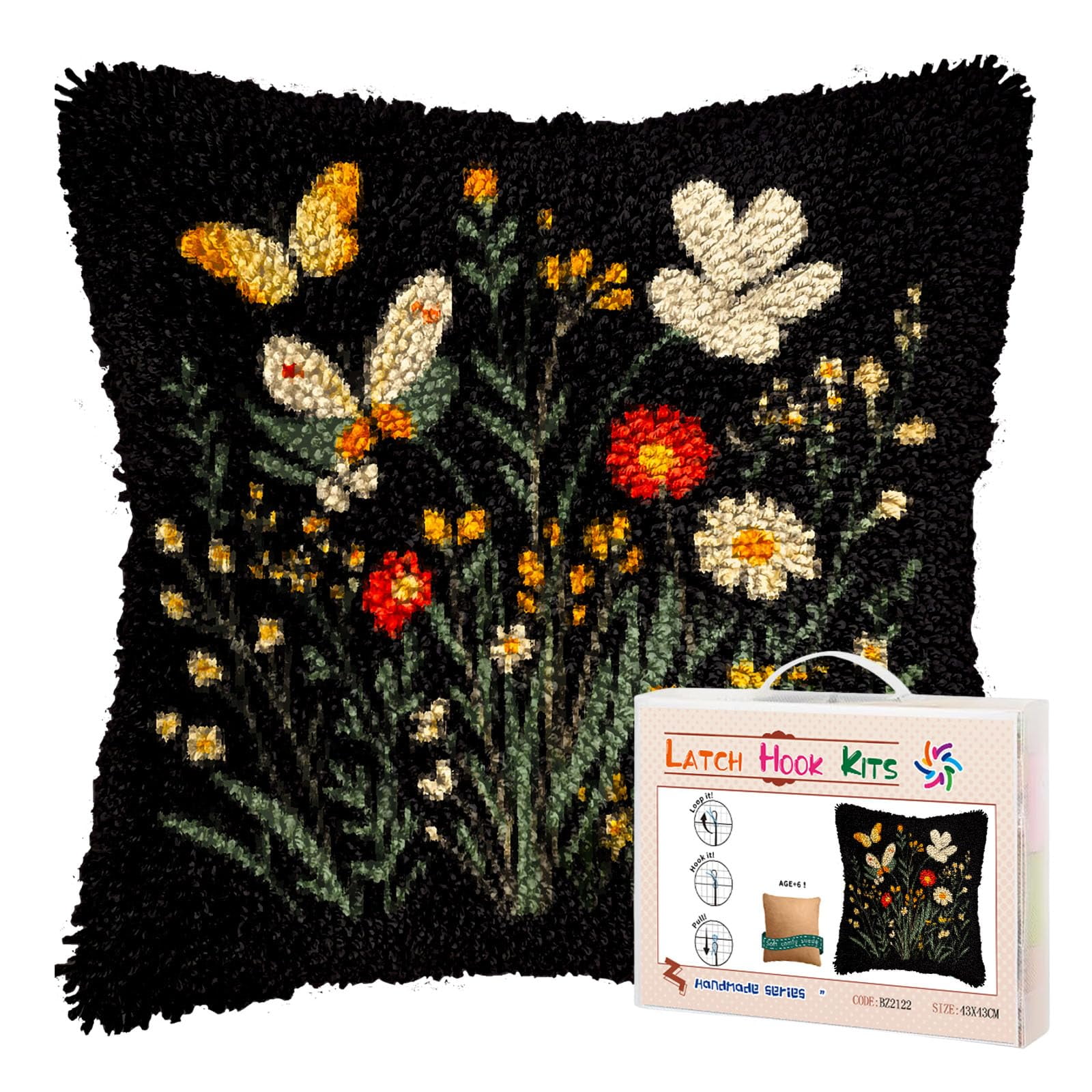 DIY Latch Hook Pillow Kits for Adults Wild Flowers and Butterflies Printed Pillowcase Crochet Yarns Hooking Handmade Pillow Cover Cushion for Home Sofa Decoration 17x17inch-1