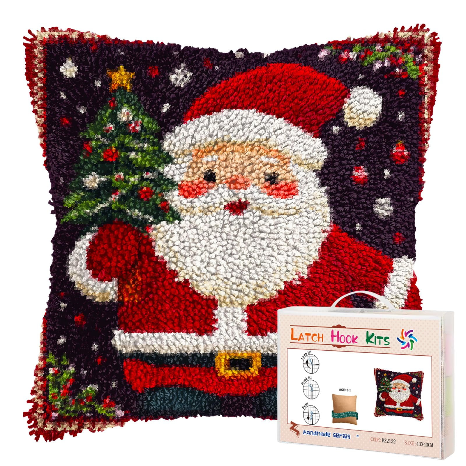 DIY Latch Hook Pillow Kits Cartoon Santa Claus Holding Christmas Tree Printed Pillowcase Crochet Yarns Hooking Handmade Pillow Cover Cushion for Home Sofa Decoration 17x17inch-3