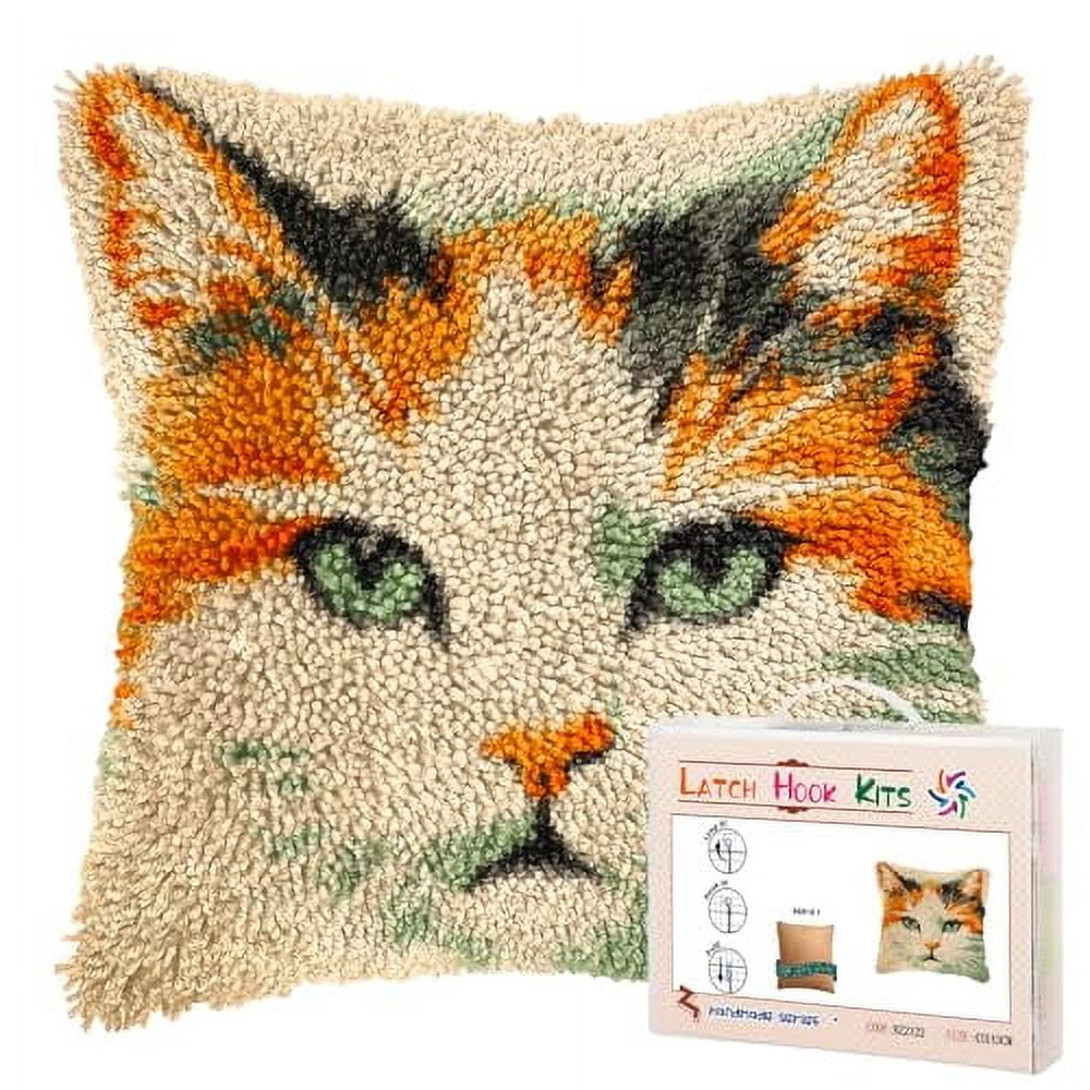 DIY Latch Hook Pillow Kits Cat Face Printed Pillowcase Crochet Yarns Hooking Handmade Pillow Cover Cushion for Home Sofa Decoration 17x17inch-1