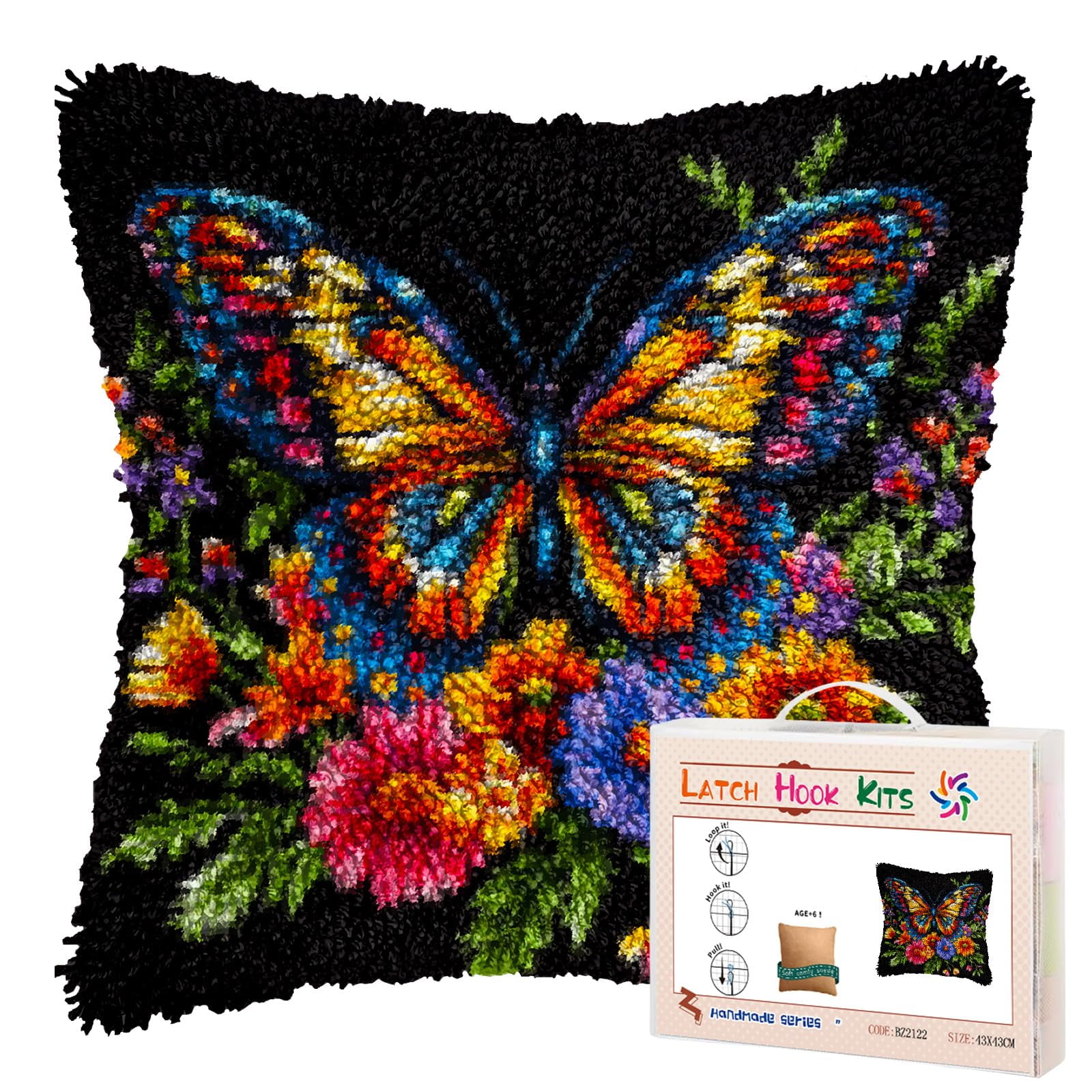 DIY Latch Hook Pillow Kits Colorful Butterfly Surrounded by Vibrant Flowers Printed Pillowcase Crochet Yarns Hooking Handmade Pillow Cover Cushion for Home Sofa Decoration 17x17inch-1