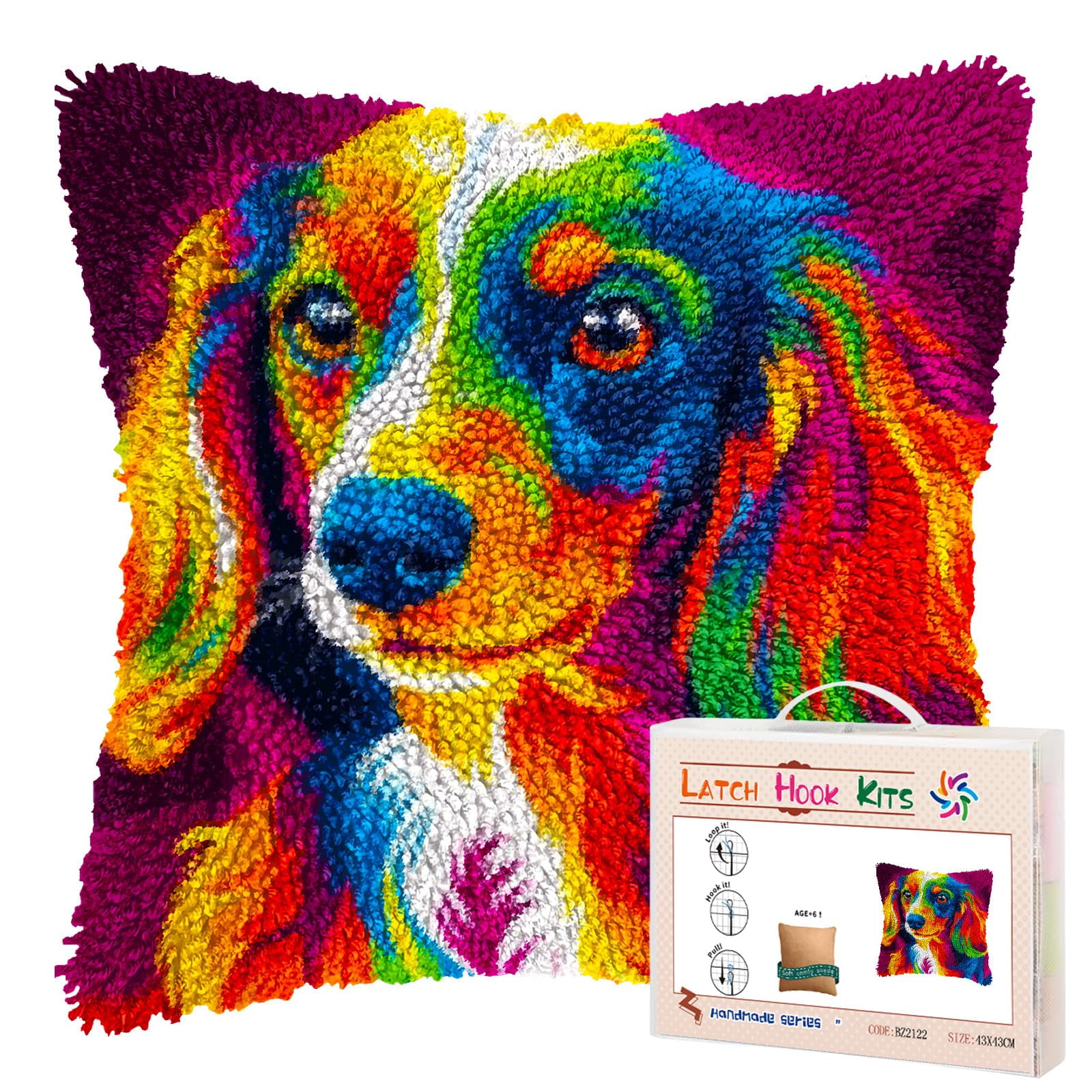 DIY Latch Hook Pillow Kits Colorful Dachshund Dog Printed Pillowcase Crochet Yarns Hooking Handmade Pillow Cover Cushion for Home Sofa Decoration 17x17inch-4