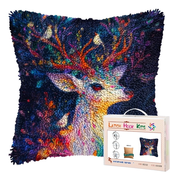 DIY Latch Hook Pillow Kits Colorful Deer with Antlers Printed Pillowcase Crochet Yarns Hooking Handmade Pillow Cover Cushion for Home Sofa Decoration 17x17inch-3