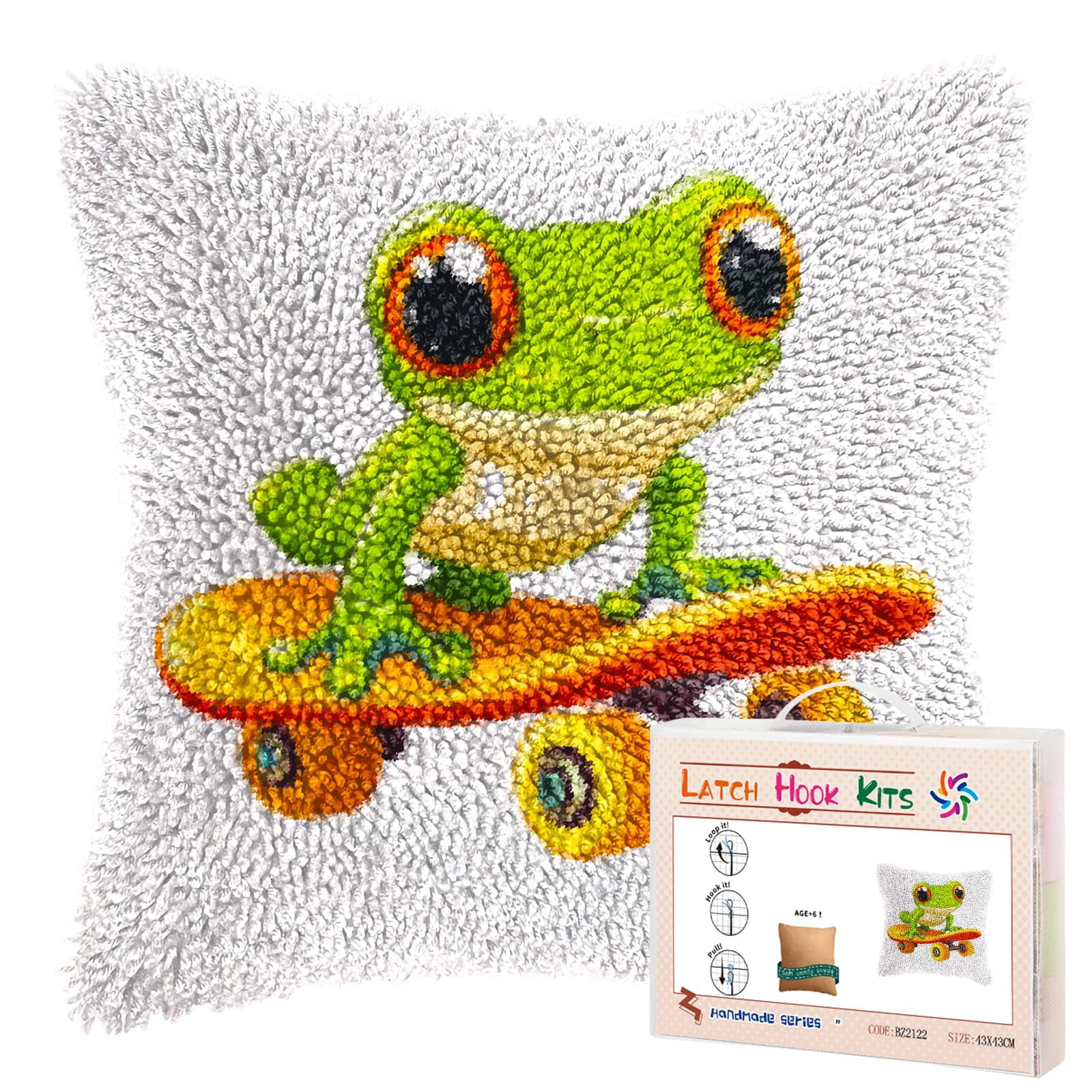 DIY Latch Hook Pillow Kits Cute Cartoon Frog Riding on Skateboard Printed Pillowcase Crochet Yarns Hooking Handmade Pillow Cover Cushion for Home Sofa Decoration 17x17inch-1
