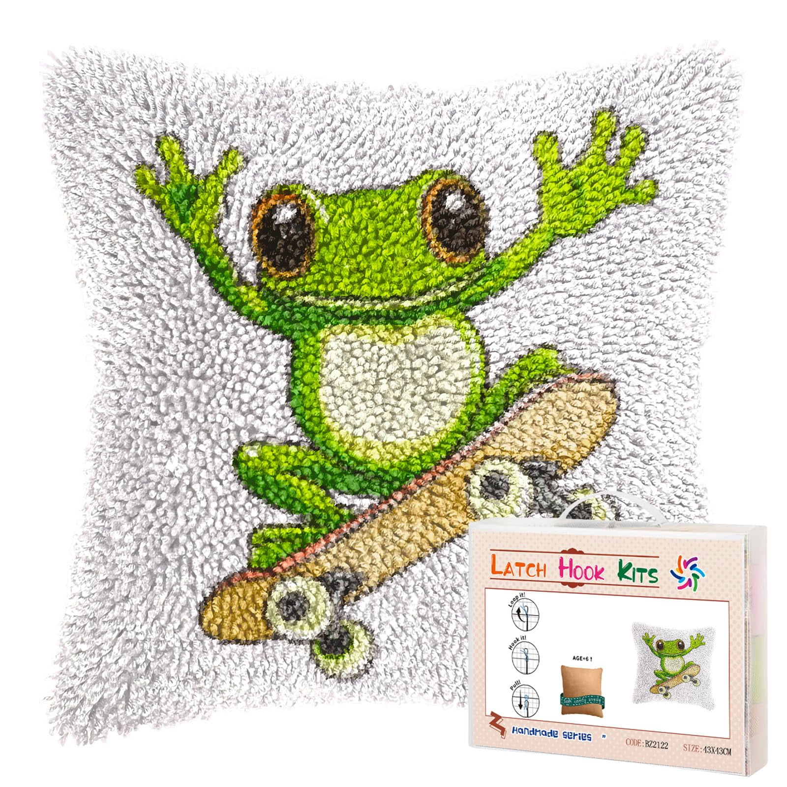 DIY Latch Hook Pillow Kits Cute Cartoon Green Frog Riding on Skateboard Printed Pillowcase Crochet Yarns Hooking Handmade Pillow Cover Cushion for Home Sofa Decoration 17x17inch-1