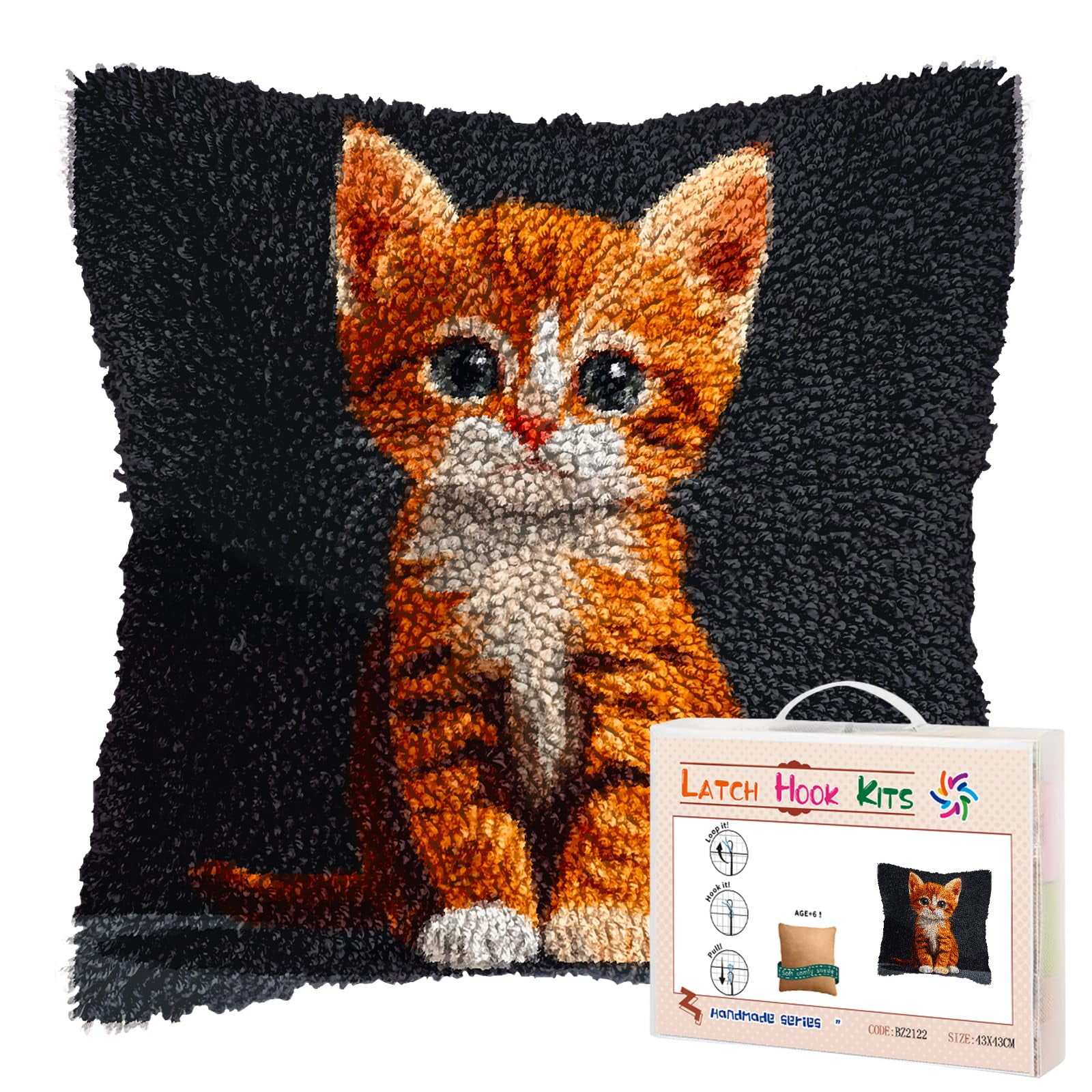 DIY Latch Hook Pillow Kits Cute Cat Body Portrait Printed Pillowcase Crochet Yarns Hooking Handmade Pillow Cover Cushion for Home Sofa Decoration 17x17inch-5