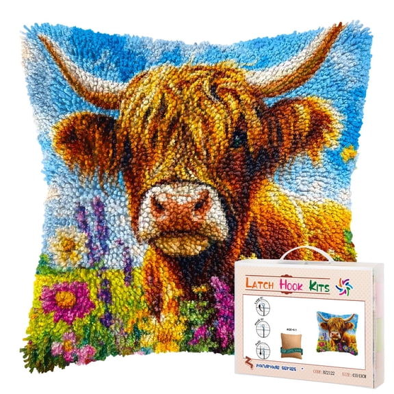 DIY Latch Hook Pillow Kits Cute Highland Cow in Flowers Printed Pillowcase Crochet Yarns Hooking Handmade Pillow Cover Cushion for Home Sofa Decoration 17x17inch-3