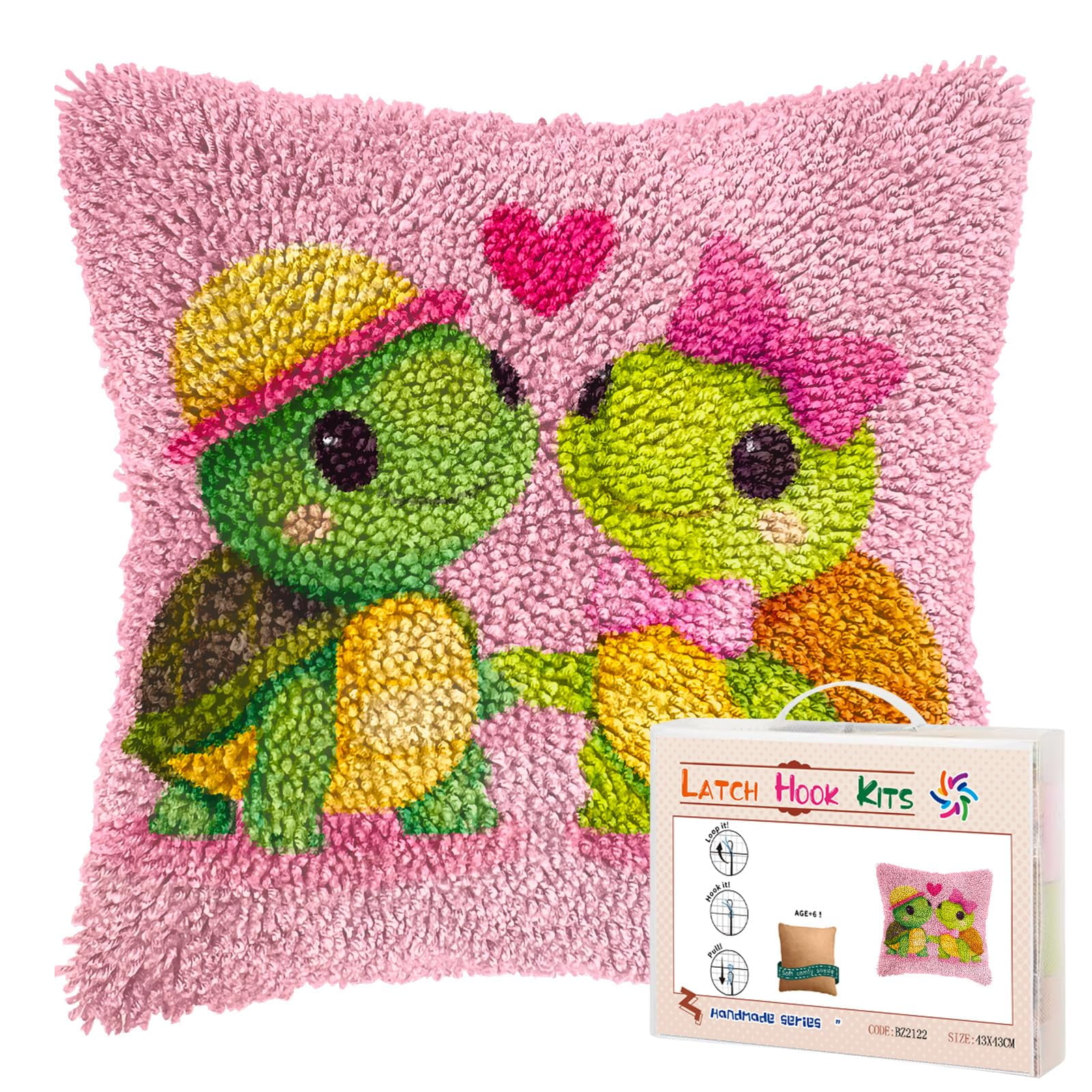 DIY Latch Hook Pillow Kits Cute Turtles in Love Printed Pillowcase Crochet Yarns Hooking Handmade Pillow Cover Cushion for Home Sofa Decoration 17x17inch-1