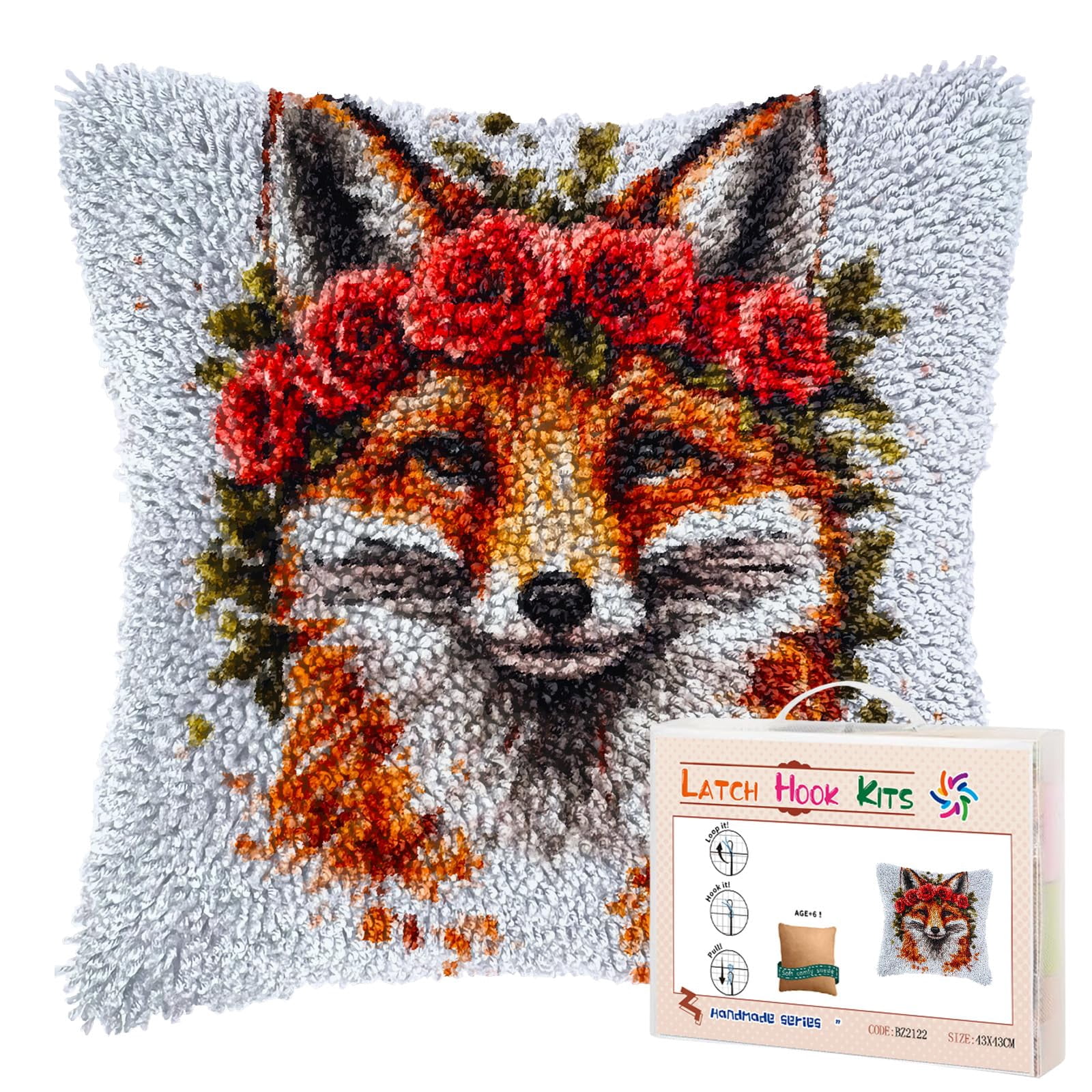 DIY Latch Hook Pillow Kits Fox with Roses in Hair Printed Pillowcase Crochet Yarns Hooking Handmade Pillow Cover Cushion for Home Sofa Decoration 17x17inch-3