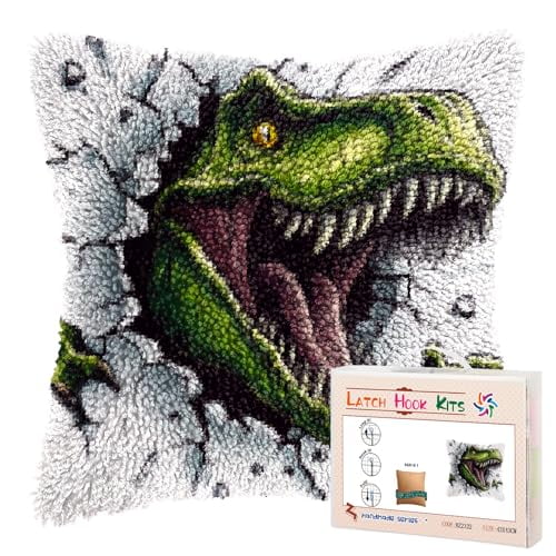 DIY Latch Hook Pillow Kits Green Dinosaur Printed Pillowcase Crochet Yarns Hooking Handmade Pillow Cover Cushion for Home Sofa Decoration 17x17inch-6
