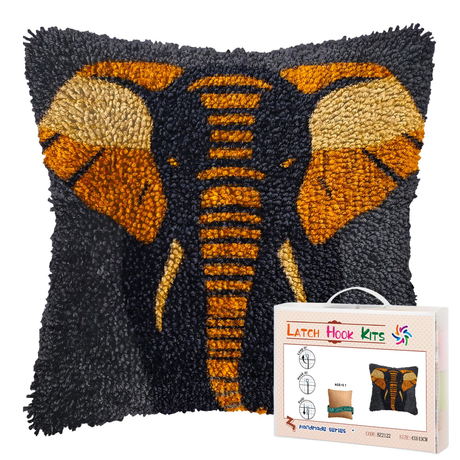 DIY Latch Hook Pillow Kits Grey Elephant Head Printed Pillowcase Crochet Yarns Hooking Handmade Pillow Cover Cushion for Home Sofa Decoration 17x17inch-3