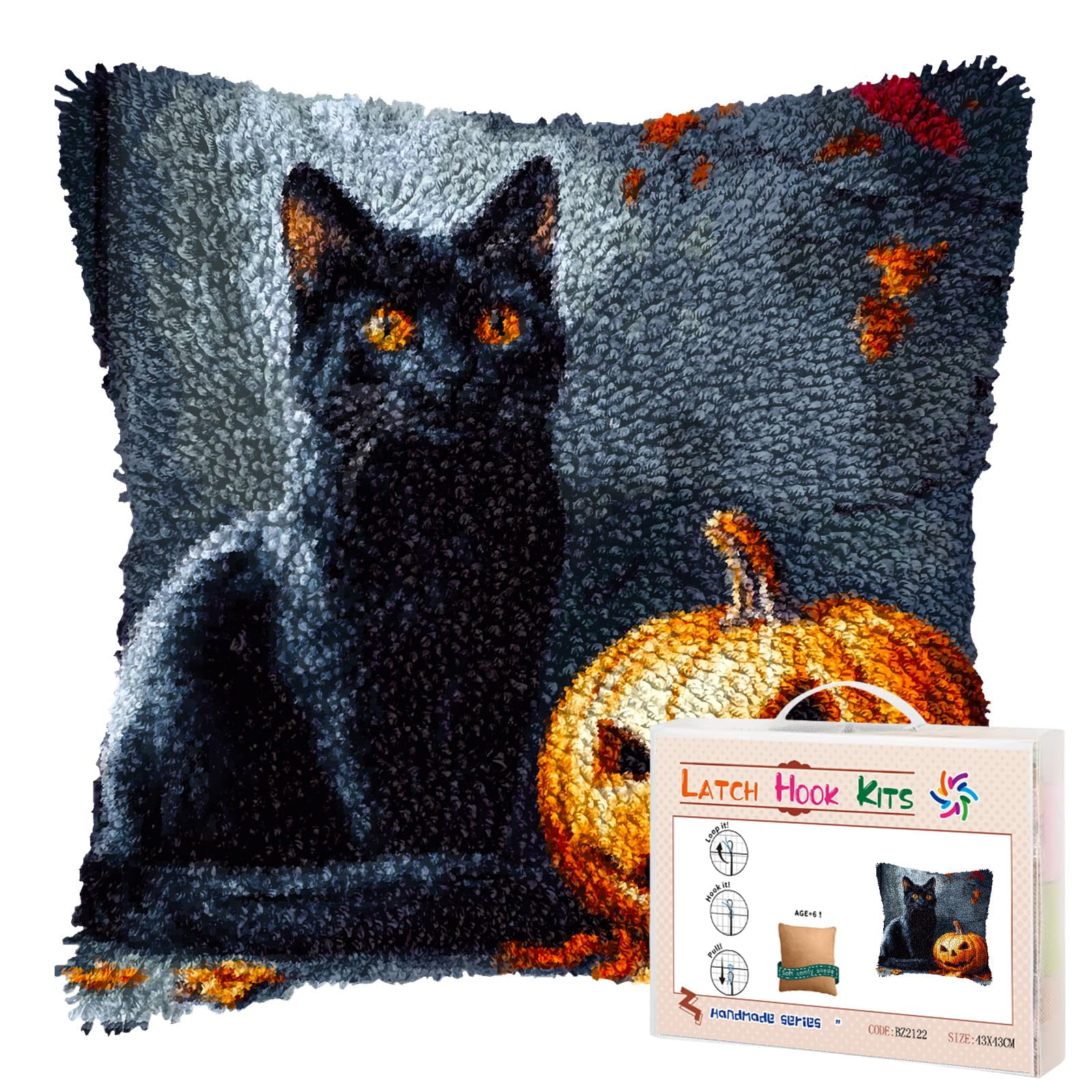 DIY Latch Hook Pillow Kits Halloween Cat and Pumpkin Printed Pillowcase Crochet Yarns Hooking Handmade Pillow Cover Cushion for Home Sofa Decoration 17x17inch-1