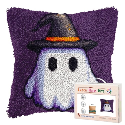 DIY Latch Hook Pillow Kits Halloween Ghost with Witch Hat Printed Pillowcase Crochet Yarns Hooking Handmade Pillow Cover Cushion for Home Sofa Decoration 17x17inch-1