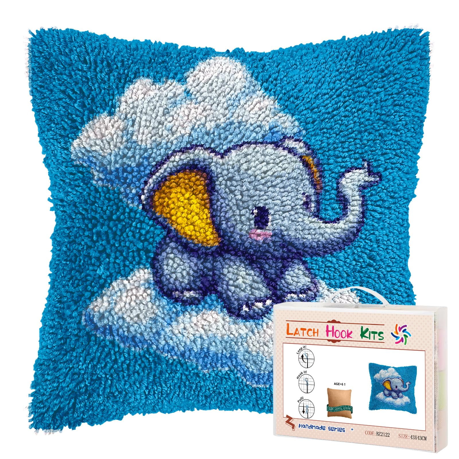 DIY Latch Hook Pillow Kits Little Elephant on Clouds Printed Pillowcase Crochet Yarns Hooking Handmade Pillow Cover Cushion for Home Sofa Decoration 17x17inch-1