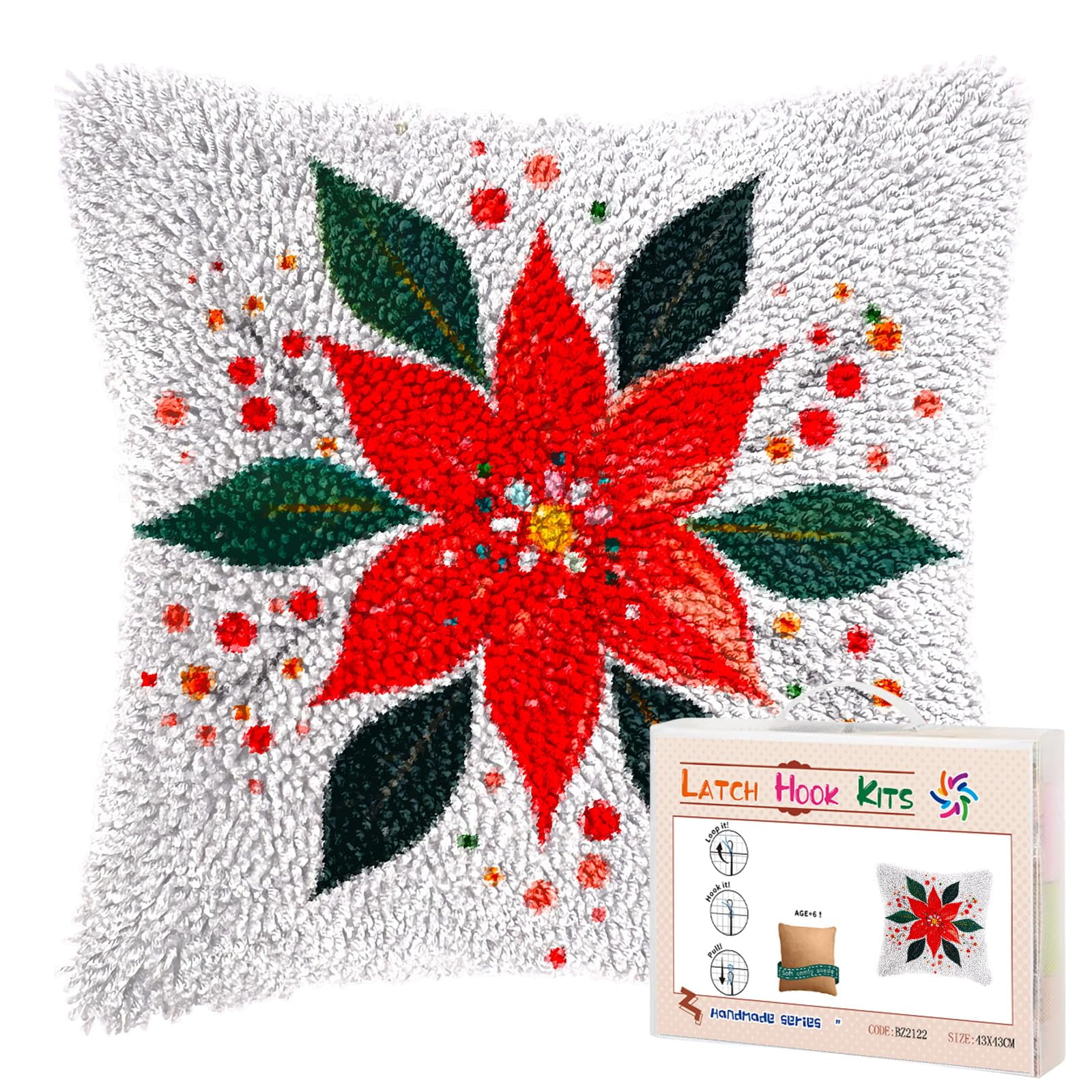 DIY Latch Hook Pillow Kits Merry Christmas Red Poppy Flower Printed Pillowcase Crochet Yarns Hooking Handmade Pillow Cover Cushion for Home Sofa Decoration 17x17inch-1