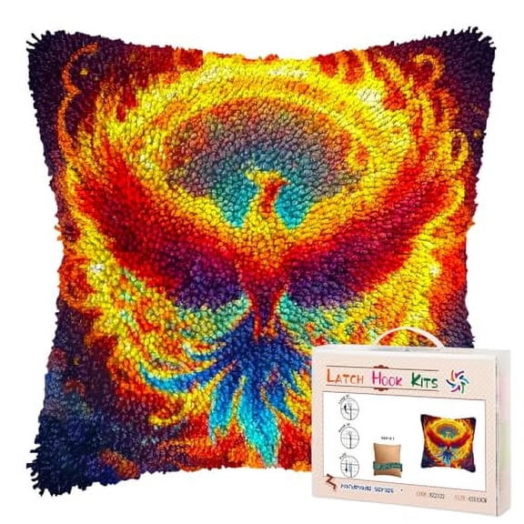 DIY Latch Hook Pillow Kits Phoenix Flying Colorful Flames Printed Pillowcase Crochet Yarns Hooking Handmade Pillow Cover Cushion for Home Sofa Decoration 17x17inch-2