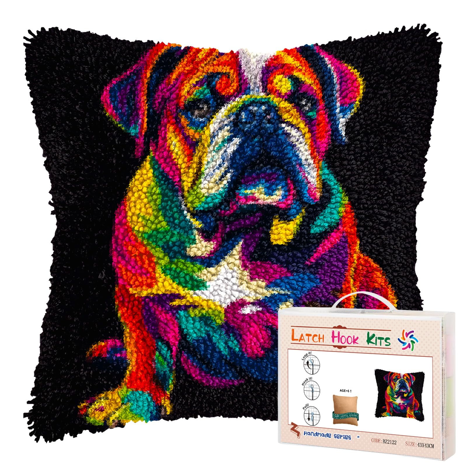 DIY Latch Hook Pillow Kits Rainbow Colorful English Bulldog Printed Pillowcase Crochet Yarns Hooking Handmade Pillow Cover Cushion for Home Sofa Decoration 17x17inch-8