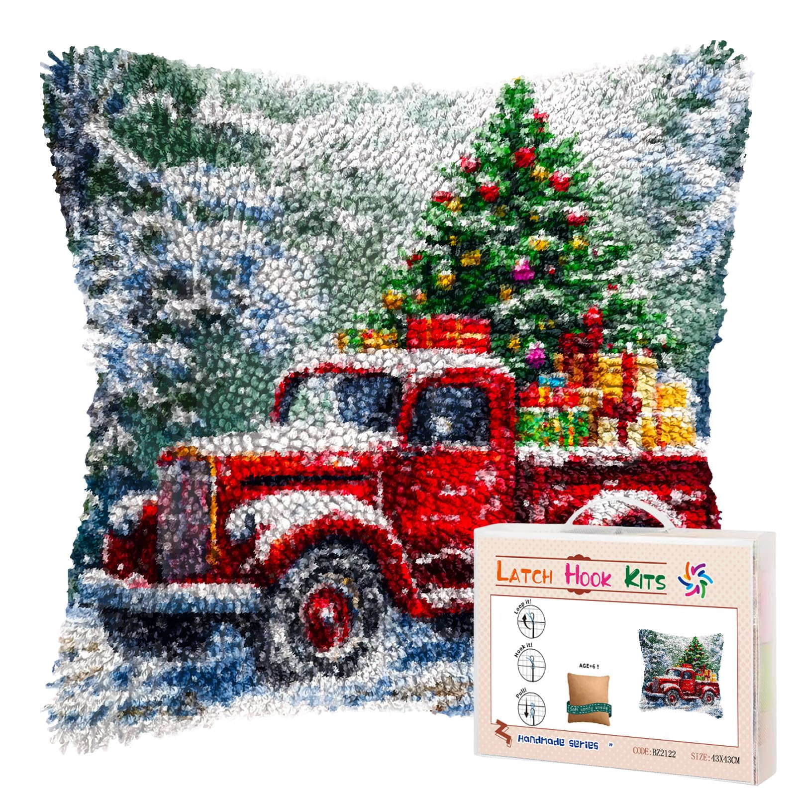 DIY Latch Hook Pillow Kits Red Truck with Christmas Tree Printed Pillowcase Crochet Yarns Hooking Handmade Pillow Cover Cushion for Home Sofa Decoration 17x17inch-2
