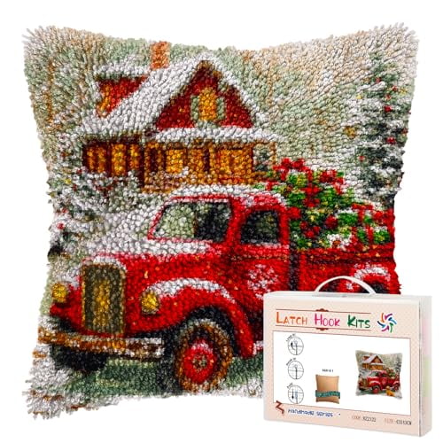 DIY Latch Hook Pillow Kits Red Truck with Christmas Trees Printed Pillowcase Crochet Yarns Hooking Handmade Pillow Cover Cushion for Home Sofa Decoration 17x17inch-2