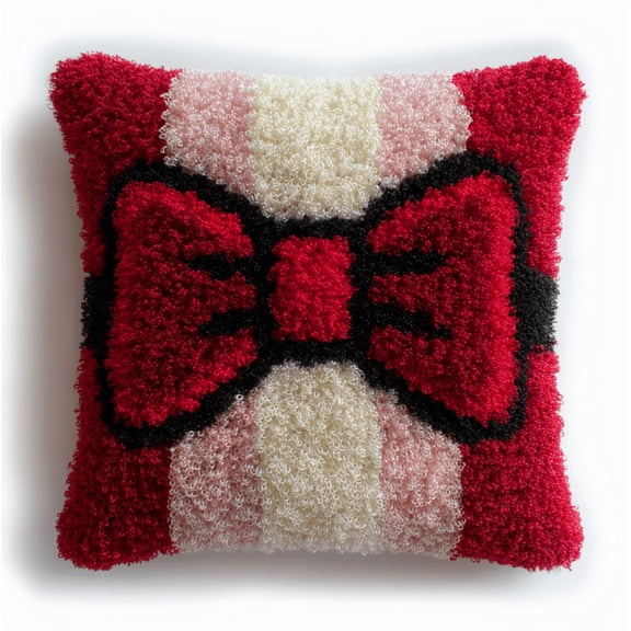 DIY Latch Hook Pillow Kits, Red bow Beginner Cushion Cover Latch Hook Kit 17x17in