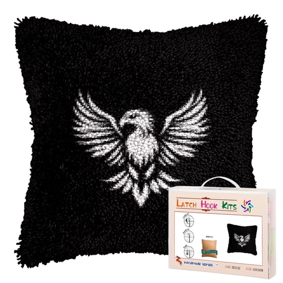 DIY Latch Hook Pillow Kits Simple Black Eagle Printed Pillowcase Crochet Yarns Hooking Handmade Pillow Cover Cushion for Home Sofa Decoration 17x17inch-3