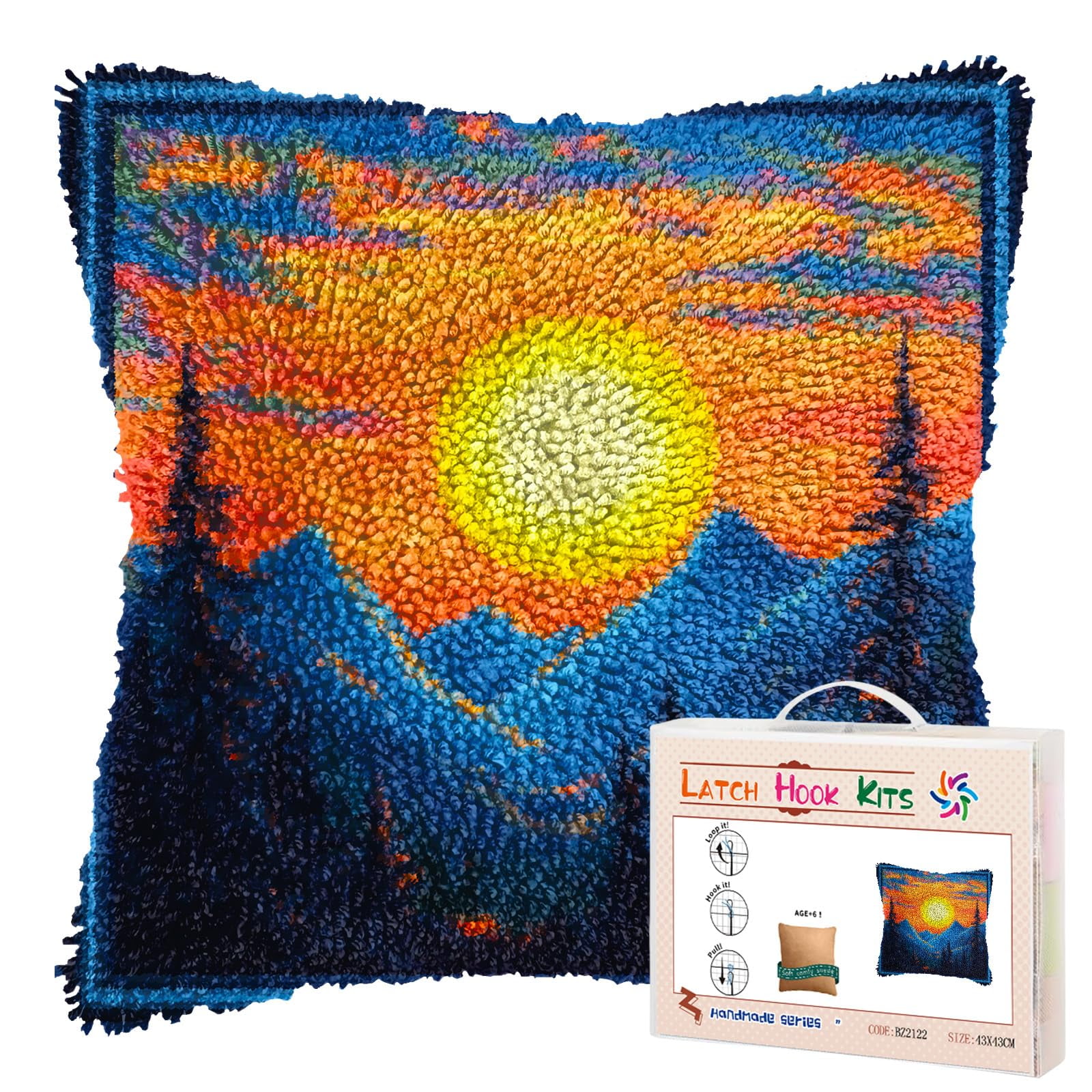 DIY Latch Hook Pillow Kits Sunset Mountains Printed Pillowcase Crochet Yarns Hooking Handmade Pillow Cover Cushion for Home Sofa Decoration 17x17inch-1