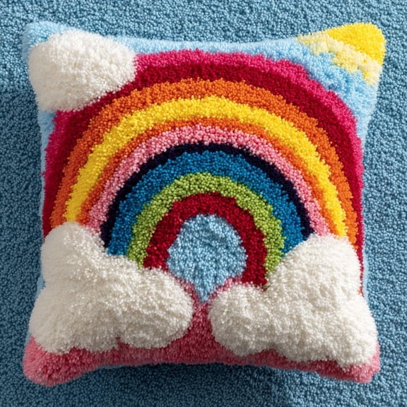 DIY Latch Hook Pillow Kits, White clouds and rainbows Beginner Cushion Cover Latch Hook Kit 17x17in