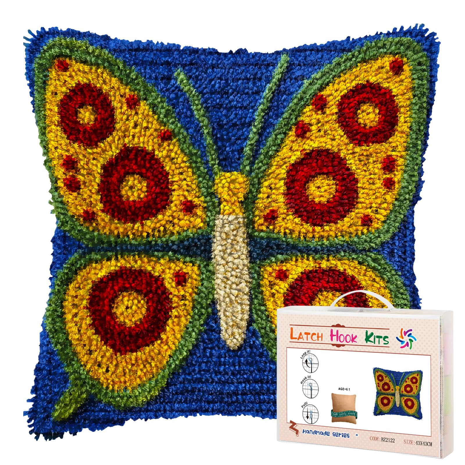 DIY Latch Hook Pillow Kits Yellow Butterfly with Red Wing Printed Pillowcase Crochet Yarns Hooking Handmade Pillow Cover Cushion for Home Sofa Decoration 17x17inch-2