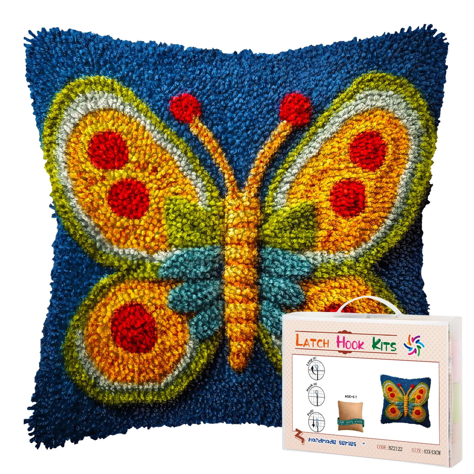 DIY Latch Hook Pillow Kits Yellow Butterfly with Red Wing Printed Pillowcase Crochet Yarns Hooking Handmade Pillow Cover Cushion for Home Sofa Decoration 17x17inch-3