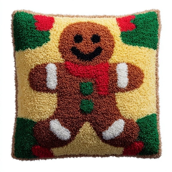 DIY Latch Hook Pillow Making Kit,Christmas gingerbread man 17x17in Preprinted Canvas Set,All Tools Included,Easy Beginner Craft,Perfect Gift for Mother's Day,Christmas and Birthday
