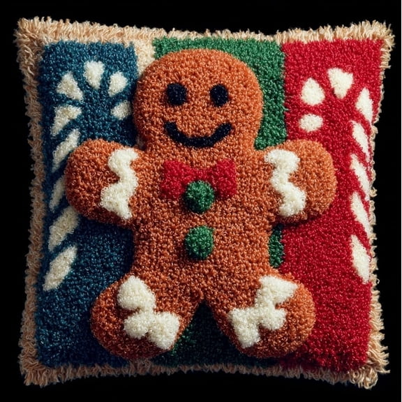 DIY Latch Hook Pillow Making Kit,Cute gingerbread man 17x17in Preprinted Canvas Set,All Tools Included,Easy Beginner Craft,Perfect Gift for Mother's Day,Christmas and Birthday