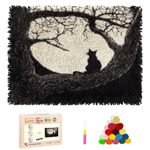 DIY Latch Hook Rug Kits Black Cat Sitting on Branch of Old Tree Stamped Non-slip Mat Crochet Yarn Hook and Latch Emboridery Tapestry for Home Floor Decor and Pet Warm Cushion 52x38cm(1)