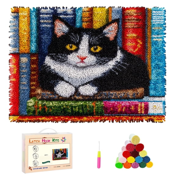 DIY Latch Hook Rug Kits Black and White Cat on Bookshelf Stamped Non-slip Mat Crochet Yarn Hook and Latch Emboridery Tapestry for Home Floor Decor and Pet Warm Cushion 52x38cm(1)
