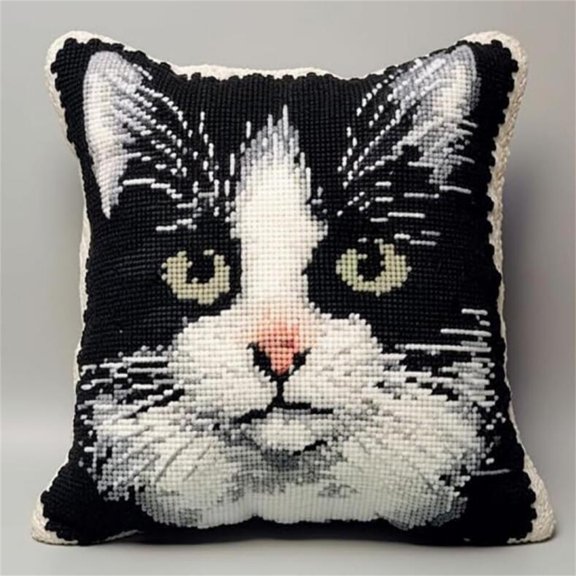 DIY Latch Hook Rug Kits Black and White Cat Latch Hook Kits Pet Animals Latch Hook Kits Pillow Cover Sofa Cushion Beginners DIY Crochet Yarn Kits Craft Home Decoration 17x17 inches