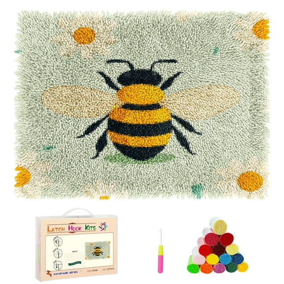DIY Latch Hook Rug Kits Cartoon Bee with Daisy Flower Stamped Non-slip Mat Crocheting Yarn Hook and Latch Emboridery Tapestry for Home Floor Decor and Pet Warm Cushion 52x38cm(2)