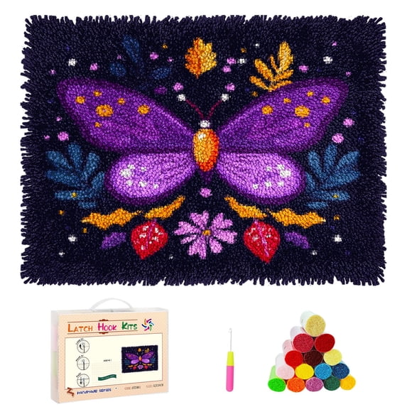 DIY Latch Hook Rug Kits Cartoon Butterfly and Flower Christmas Background Stamped Non-slip Mat Crocheting Yarn Hook and Latch Emboridery Tapestry for Home Floor Decor and Pet Warm Cushion 52x38cm(7)
